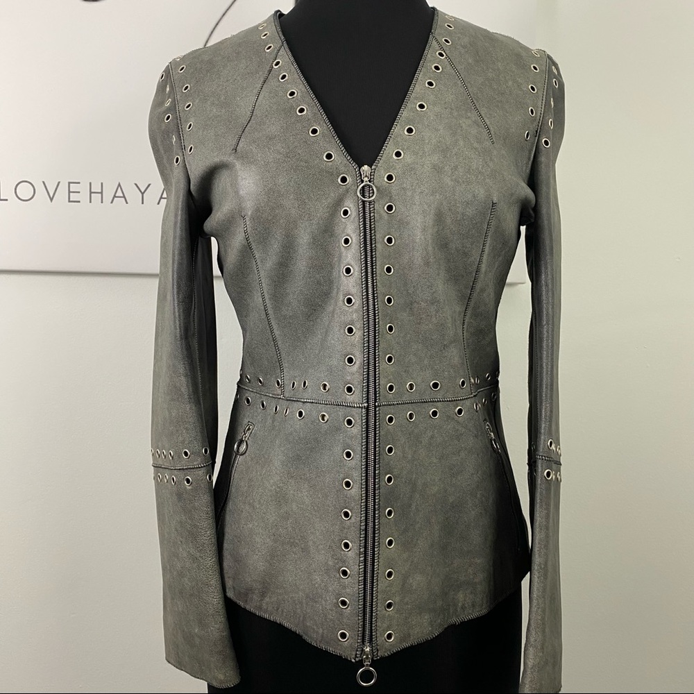 Estrella G Made in Spain Genuine Leather Jacket Size 42  Grommets Runway